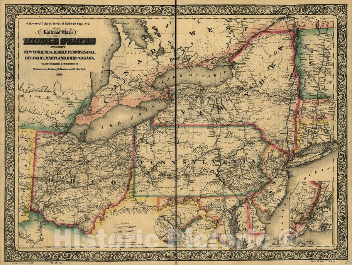 Historic 1865 Map - New Railroad map of The Middle States Including New York, New Jersey, Pennsylvania, Delaware, Maryland, Ohio and Canada