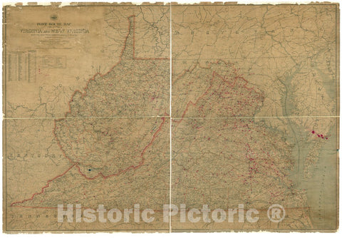 Historic 1906 Map - Post Route map of The States of Virginia and West Virginia : Showing Post Offices with The Intermediate Distances on Mail Routes in Operation on The 1st of March, 1906