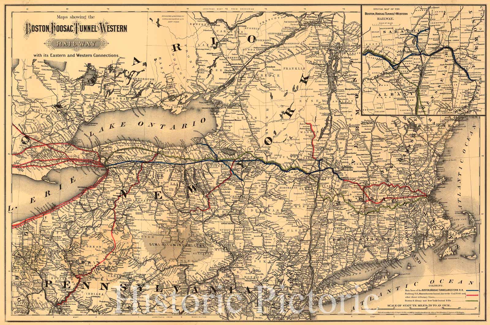 Historic 1881 Map - Maps Showing The Boston Hoosac Tunnel and Western Railway with its Eastern and Western Connections.