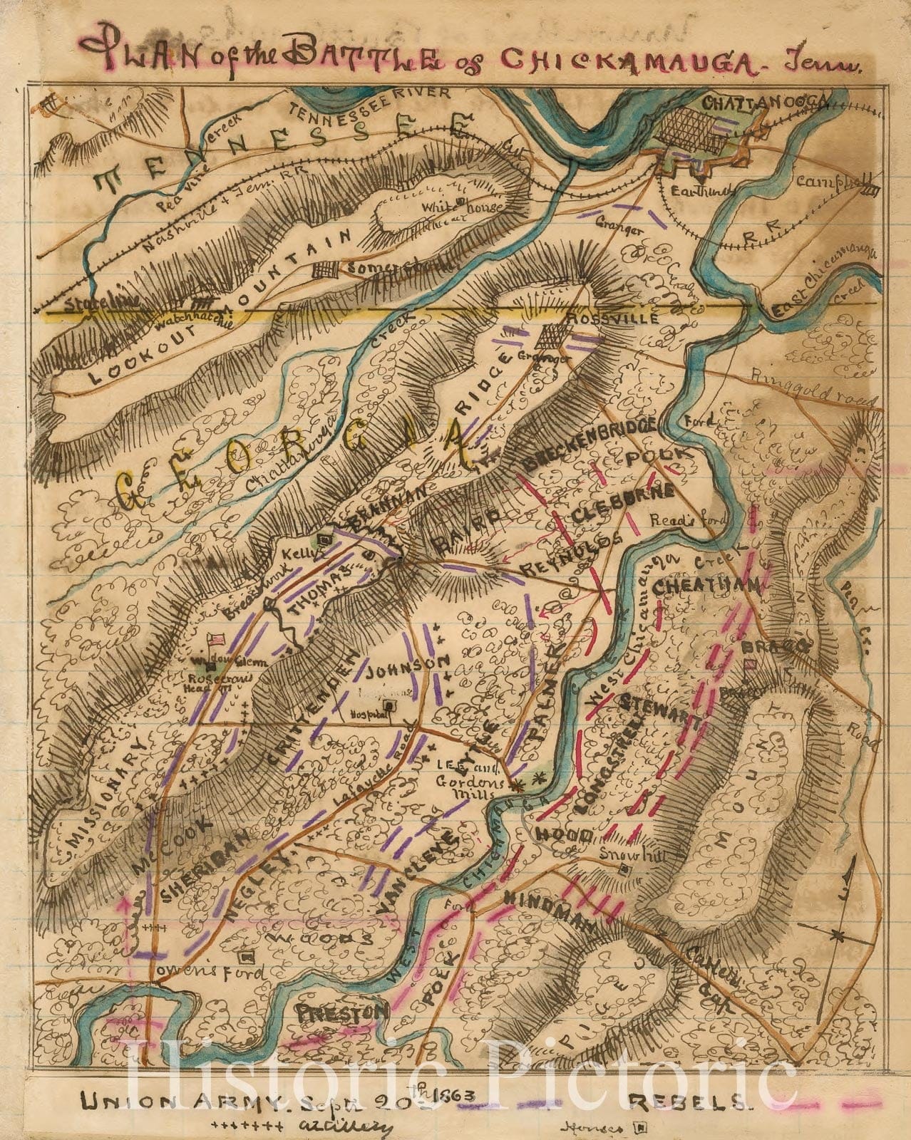 Historic 1863 Map - Plan of The Battle of Chickamauga, Tenn.