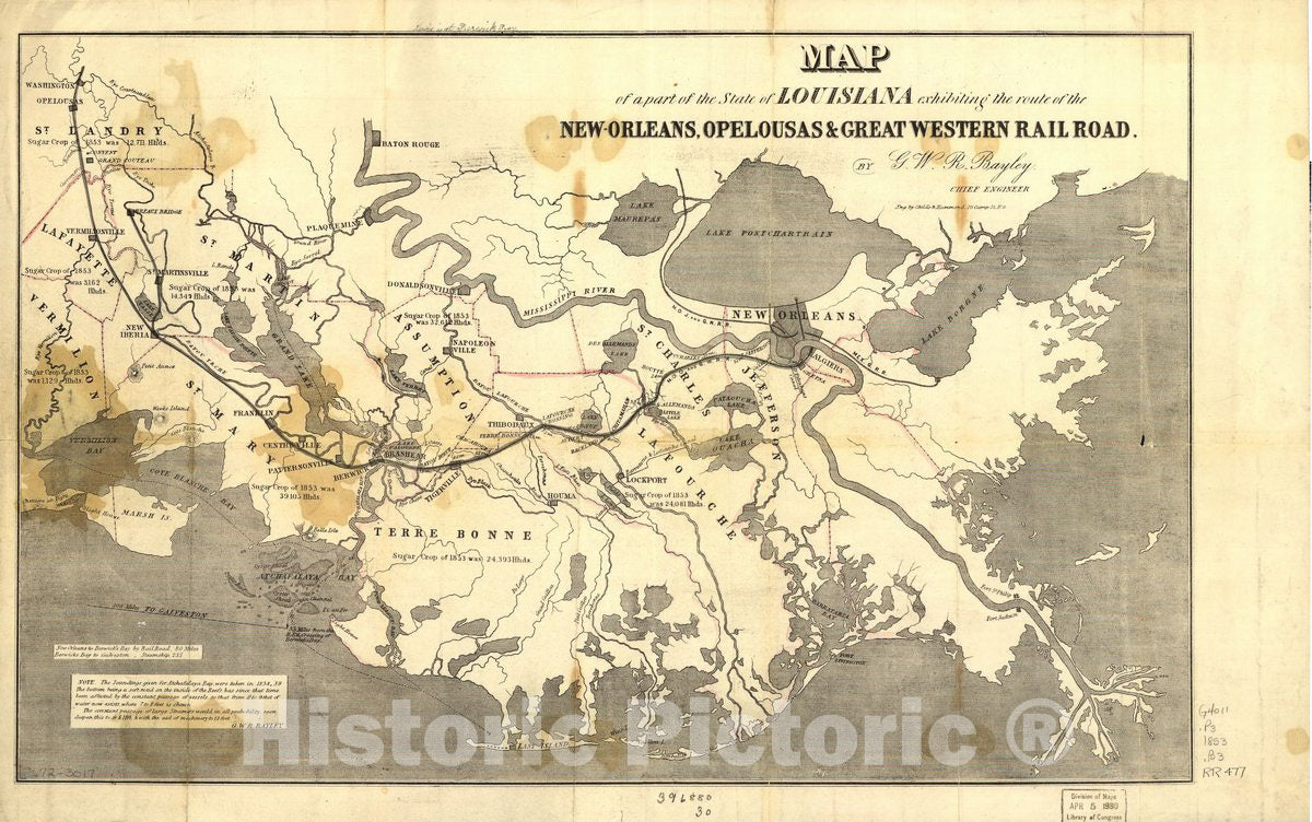 Historic 1853 Map - Map of a Part of The State of Louisiana exhibiting The Route of The New-Orleans, Opelousas & Great Western Rail Road.