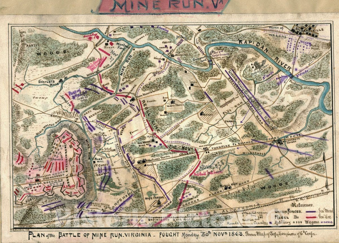 Historic 1863 Map - Plan of The Battle of Mine Run, Virginia : Fought Monday 30th Novr. 1863.