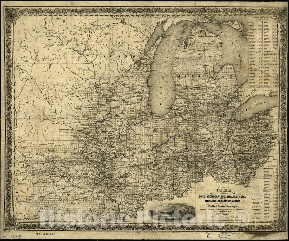 Historic 1844 Map - Guide Through Ohio, Michigan, Indiana, Illinois, Missouri, Wisconsin & Iowa; by J. Calvin Smith, Engraved by S. Stiles, Sherman & Smith.