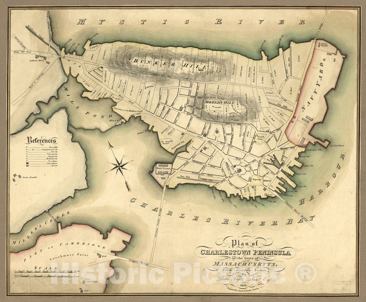 Historic 1818 Map - Plan of Charlestown Peninsula in The State of Massachusetts
