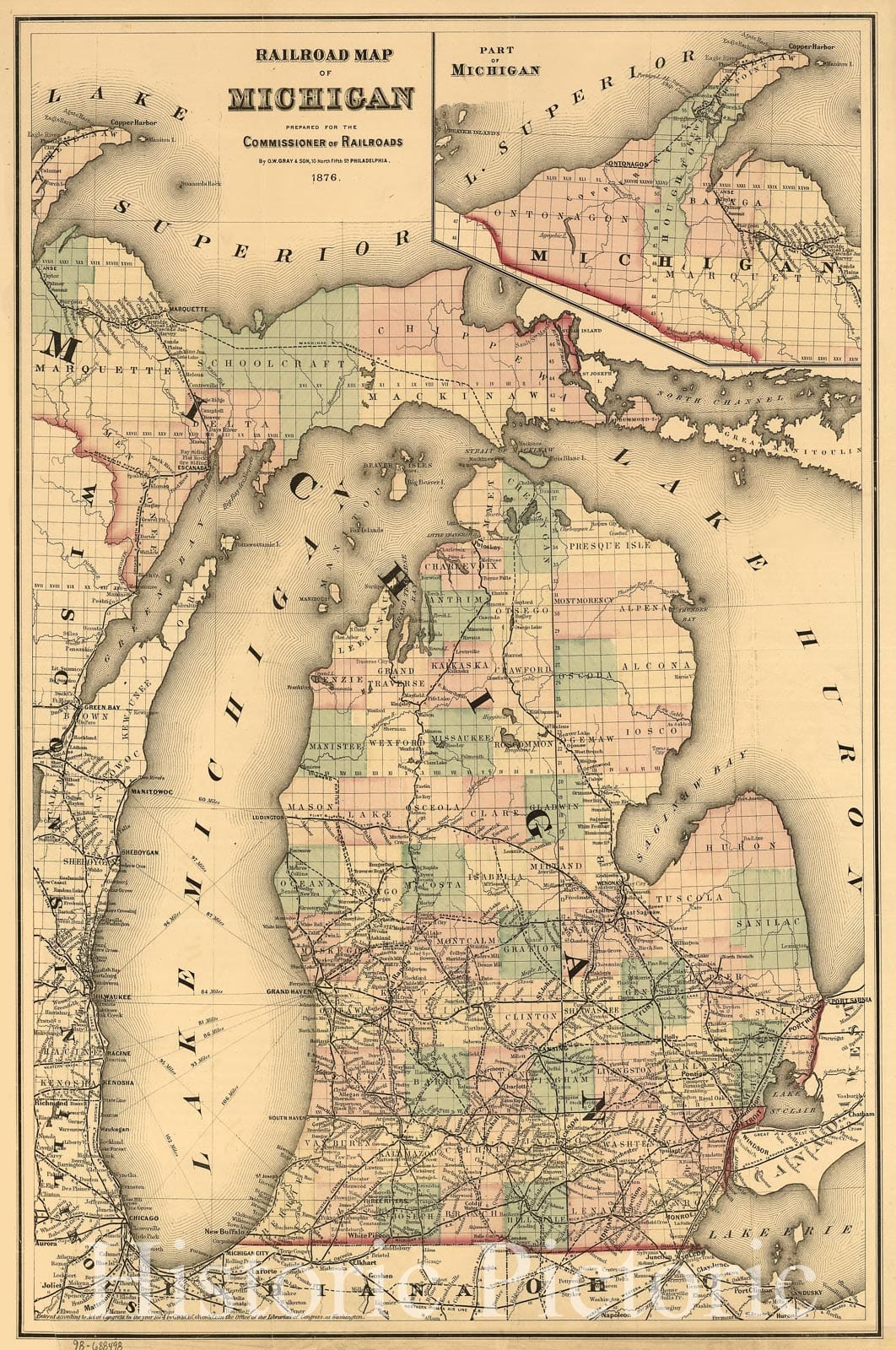 Historic 1876 Map - Railroad map of Michigan Prepared for The Commissioner of Railroads.
