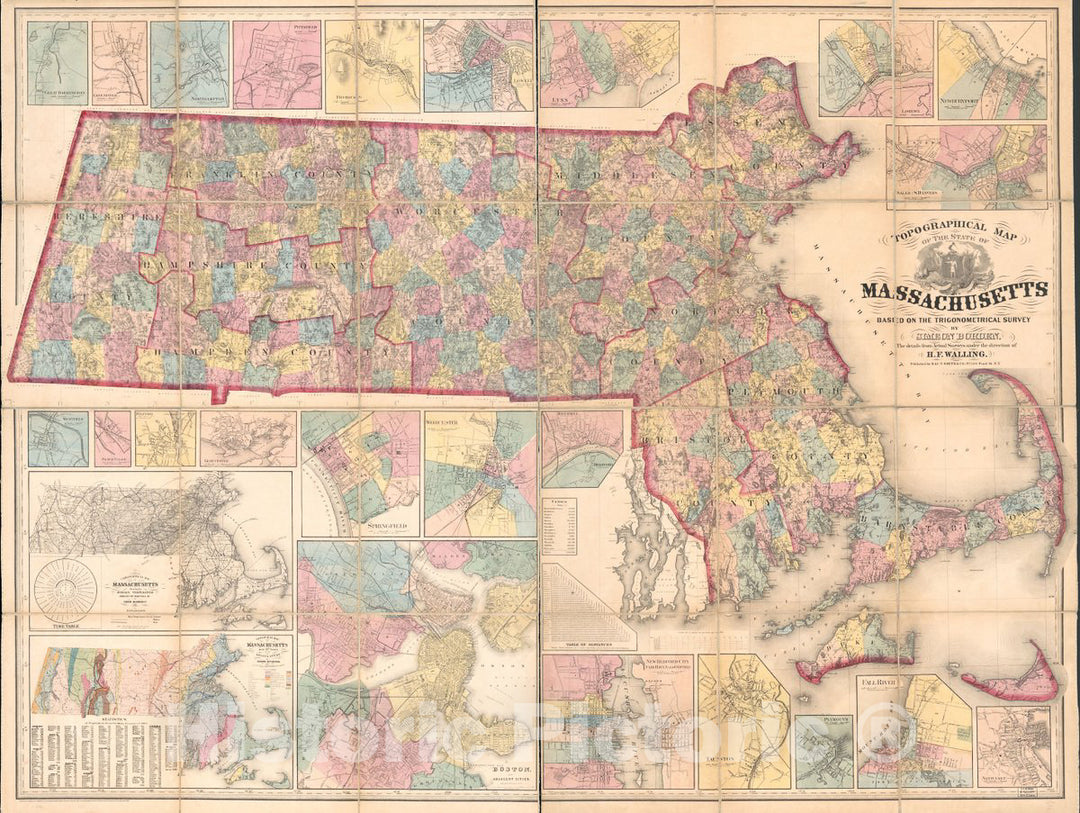Historic 1861 Map - Topographical map of The State of Massachusetts