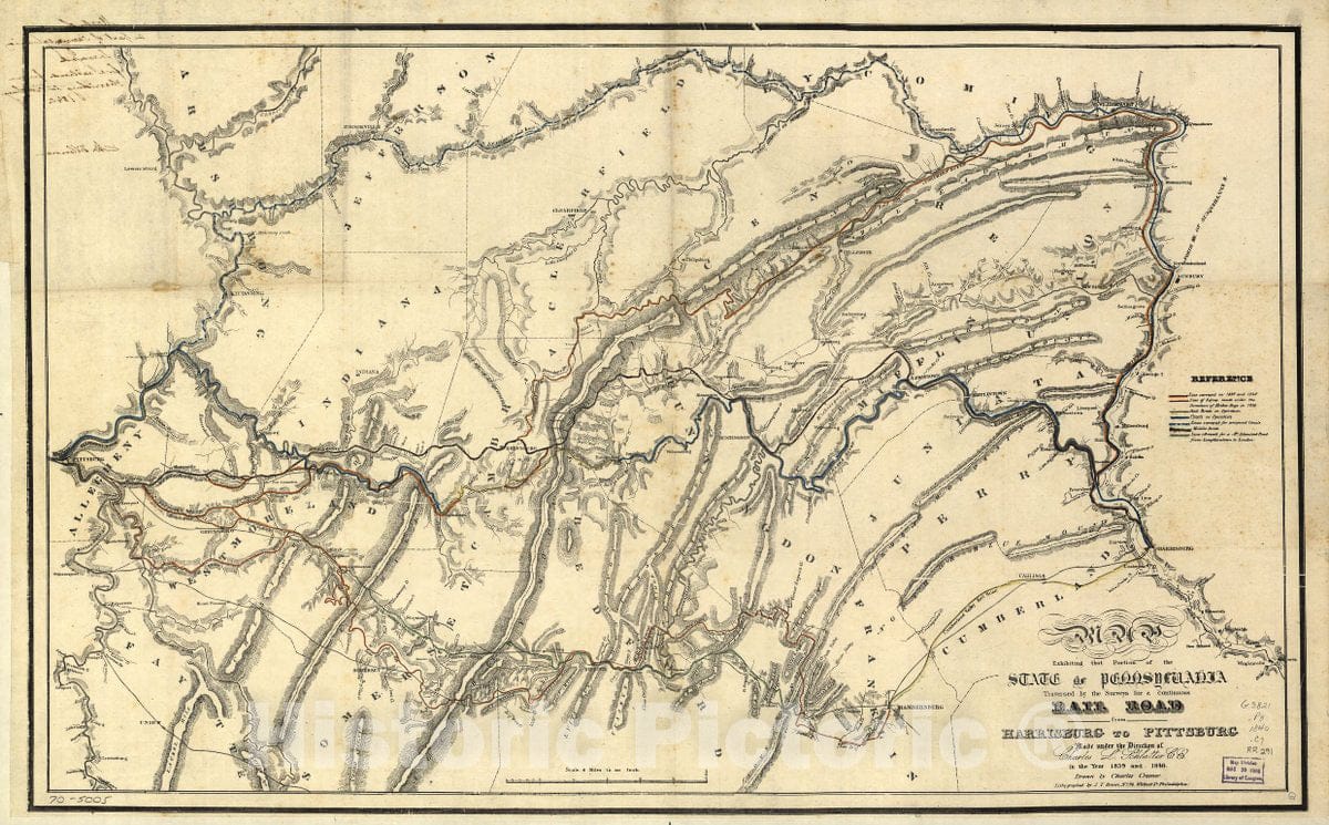 Historic 1840 Map - Map exhibiting That Portion of The State of Pennsylvania traversed by The surveys for a Continuous Rail Road from Harrisburg to Pittsburg