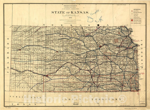 Historic 1884 Map - State of Kansas, 1884; compiled from The Official Records of The General Land Office and Other Sources Under Supervision of G.P. Strum, Principal Draughtsman