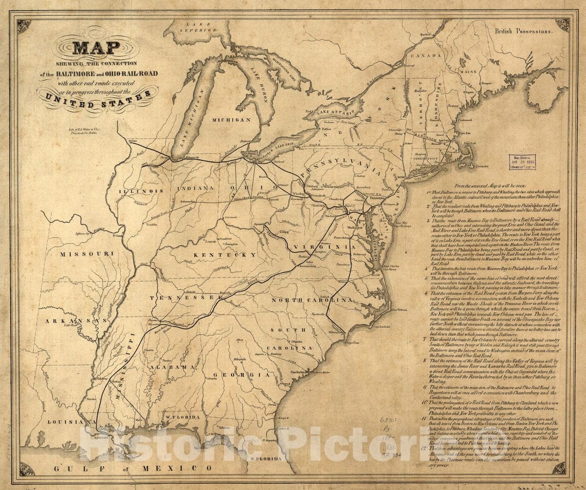 Historic 1840 Map - Map shewing The Connection of The Baltimore and Ohio-Rail-Road with Other Rail Roads executed or in Progress Throughout The United States.
