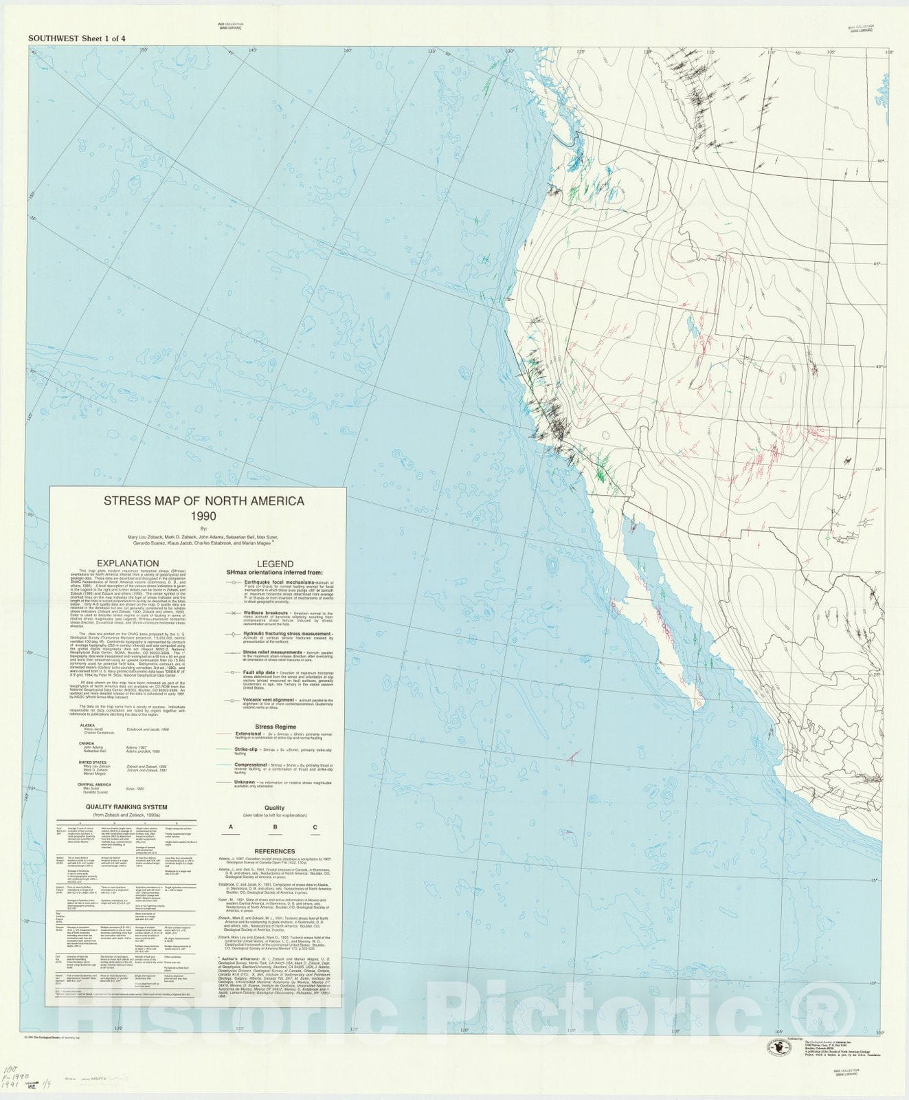 Map : North America 1991 4, Stress map of North America 1990 , Antique ...