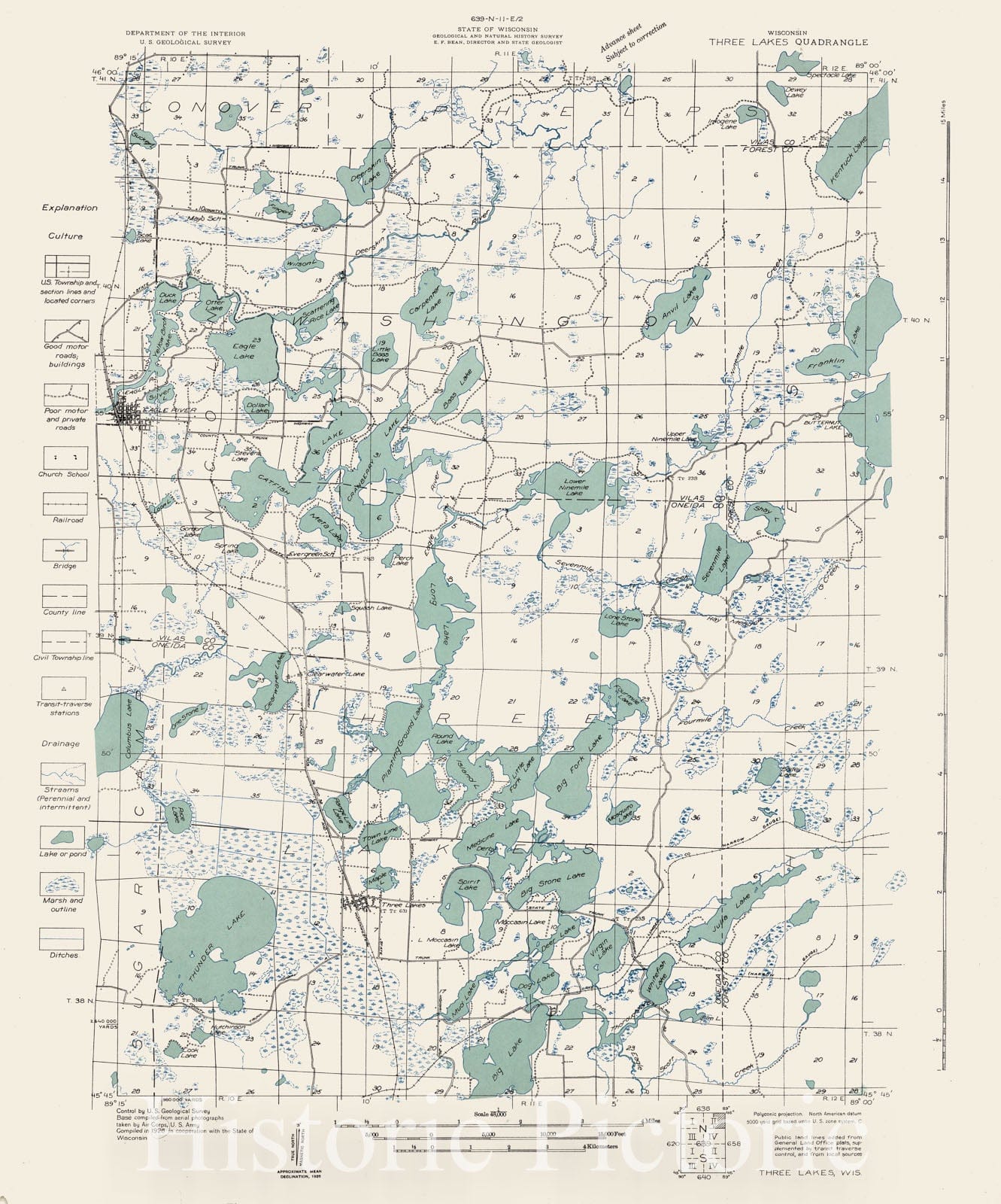 Map : Three Lakes, Wisconsin 1928, Three Lakes quadrangle, Wisconsin , Antique Vintage Reproduction