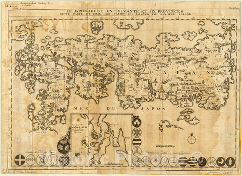 Map : Japan 1715, Le Japon divise en soissante et six provinces, cette carte est tiree des cartes des Japonois par Monsieur Reland, Antique Vintage Reproduction
