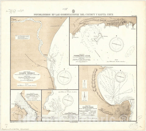 Map : Santa Cruz, Argentina 1920, Fondeaderos en las Gobernaciones del Chubut y Santa Cruz , Antique Vintage Reproduction