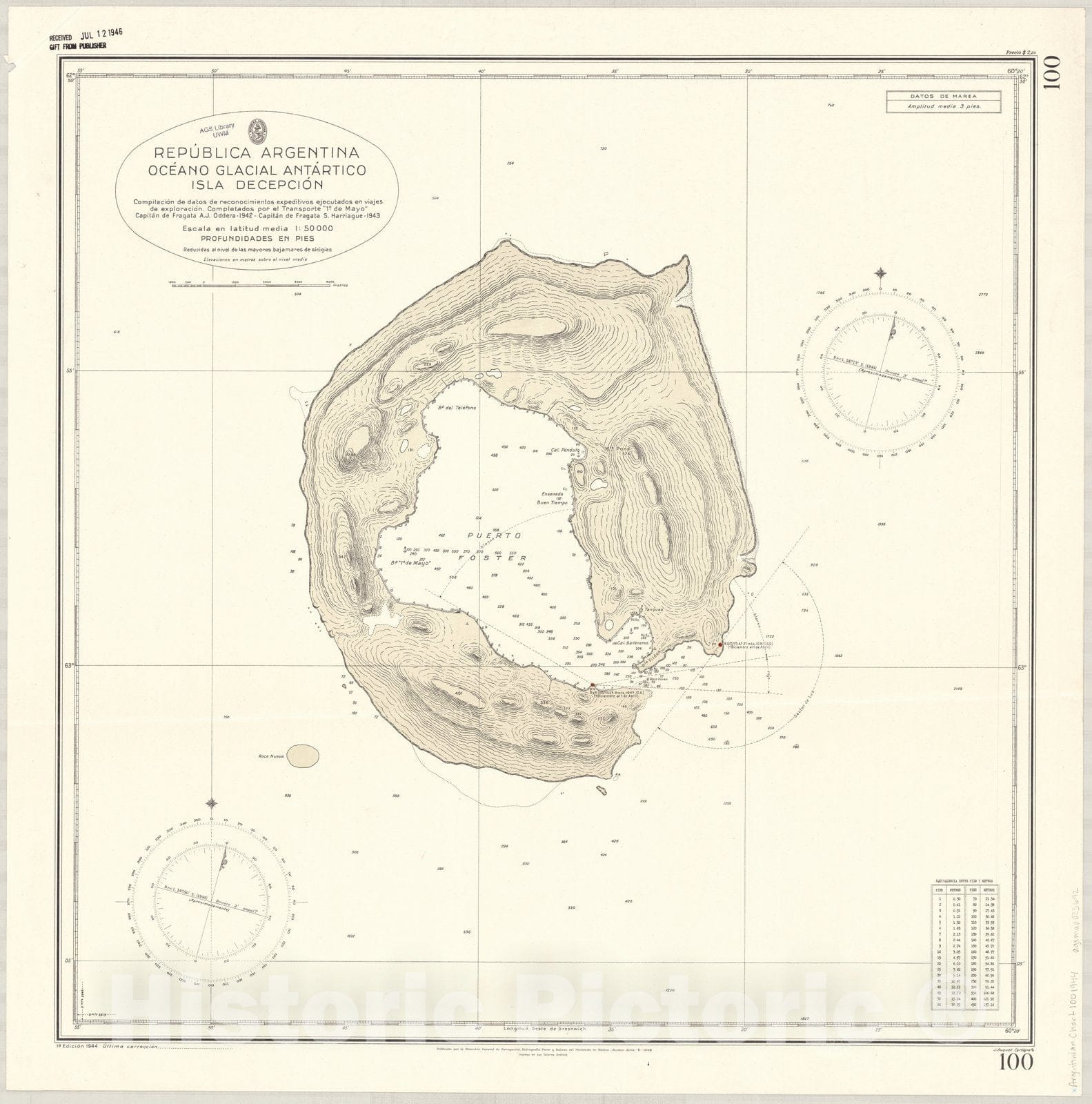 Map : Deception Island, Antarctica 1944, Republica Argentina, Oceano Glacial Antartico, Isla Decepcion , Antique Vintage Reproduction