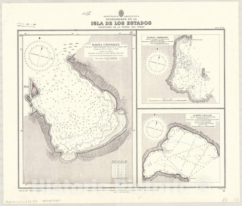Map : Isla de los Estados, Argentina 1929, Republica Argentina, fondeaderos en la Isla de los Estados , Antique Vintage Reproduction