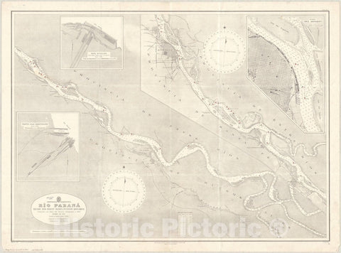 Map : Parana River, Brazil and Argentina 1927, Republica Argentina, Rio Parana, desde Rio Ibicuy hasta Puerto Rosario , Antique Vintage Reproduction