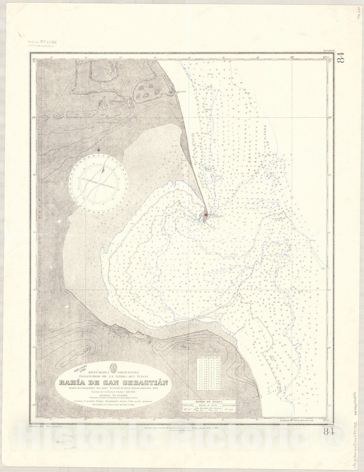 Map : Bahia San Sebastian, Argentina 1935, Republica Argentina, Territorio de la Tierra del Fuego, Bahia de San Sebastian , Antique Vintage Reproduction