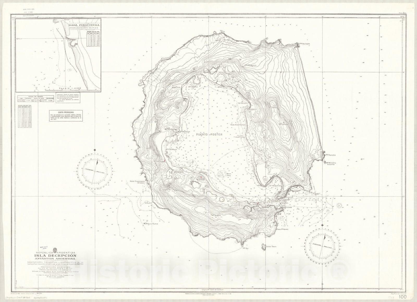 Map : Deception Island, Antarctica 1964, Republica Argentina, Isla Decepcion, Antartida Argentina , Antique Vintage Reproduction