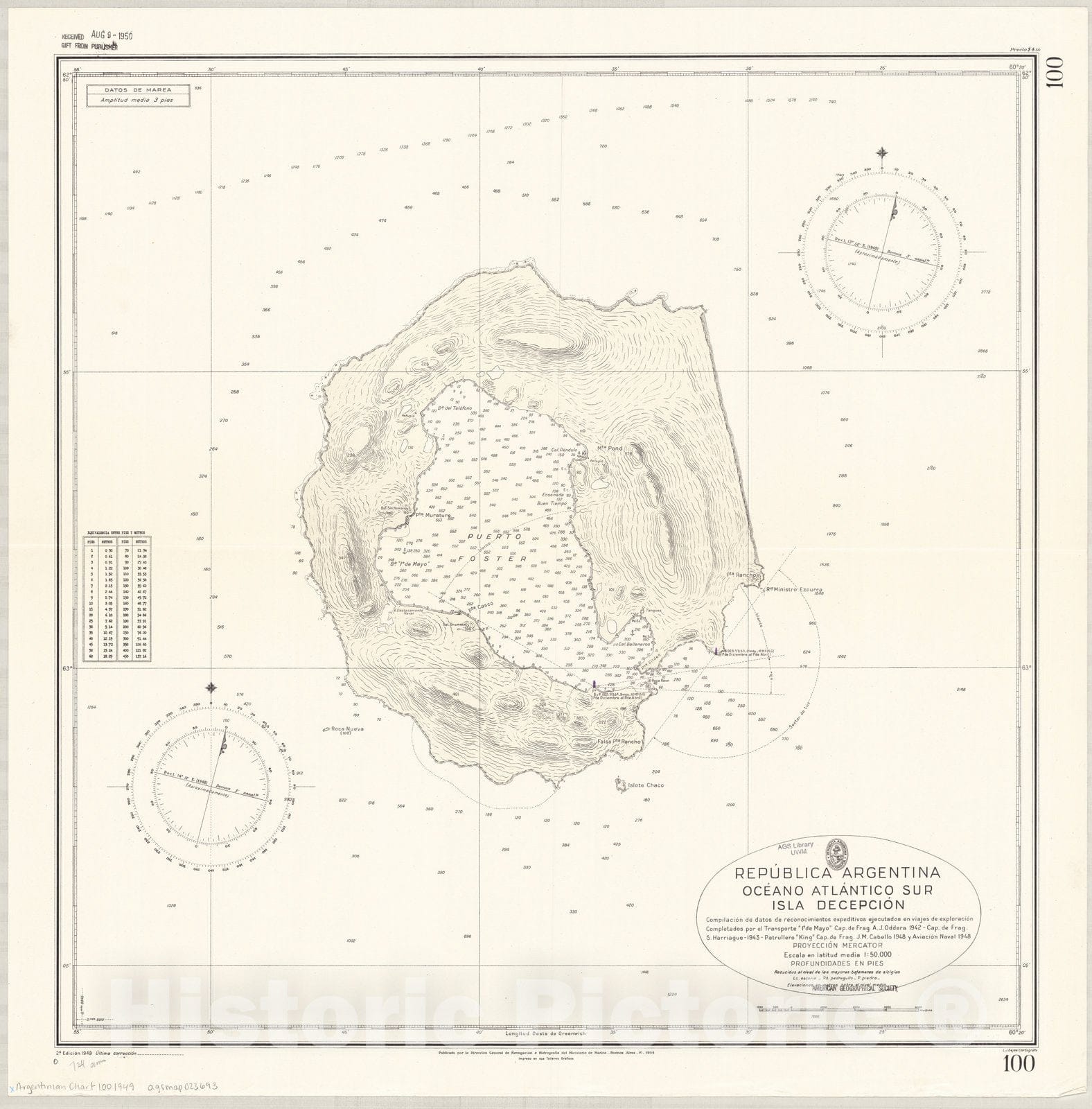 Map : Deception Island, Antarctica 1949, Republica Argentina, Oceano Atlantico sur, Isla Decepcion , Antique Vintage Reproduction