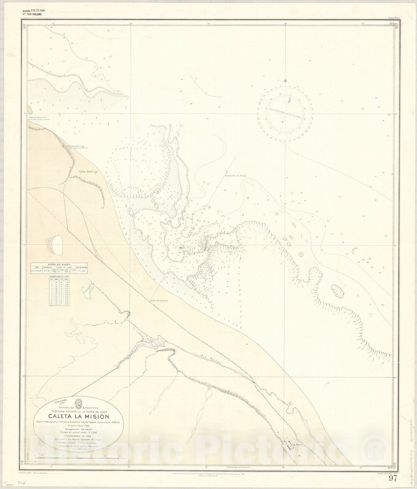 Map : Caleta la Mision, Argentina 1948, Republica Argentina, Territorio de la Tierra del Fuego, Caleta la Mision , Antique Vintage Reproduction