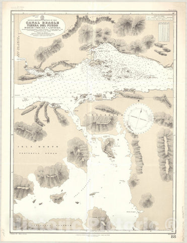 Map : Tierra del Fuego 1937, Republica Argentina, Republica de Chile, Canal Beagle, Tierra del Fuego, Bahias Ushuaia y Lapataia , Antique Vintage Reproduction