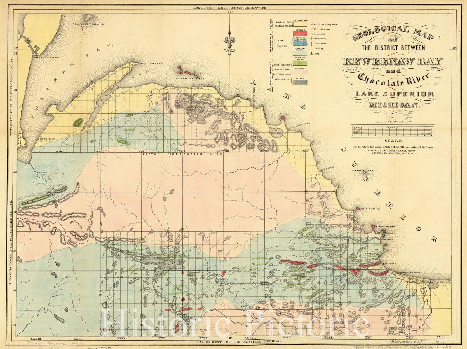 Map : Upper Peninsula Michigan 1854, Geological map of the district between Keweenaw Bay and Chocolate River, Lake Superior, Michigan , Antique Vintage Reproduction