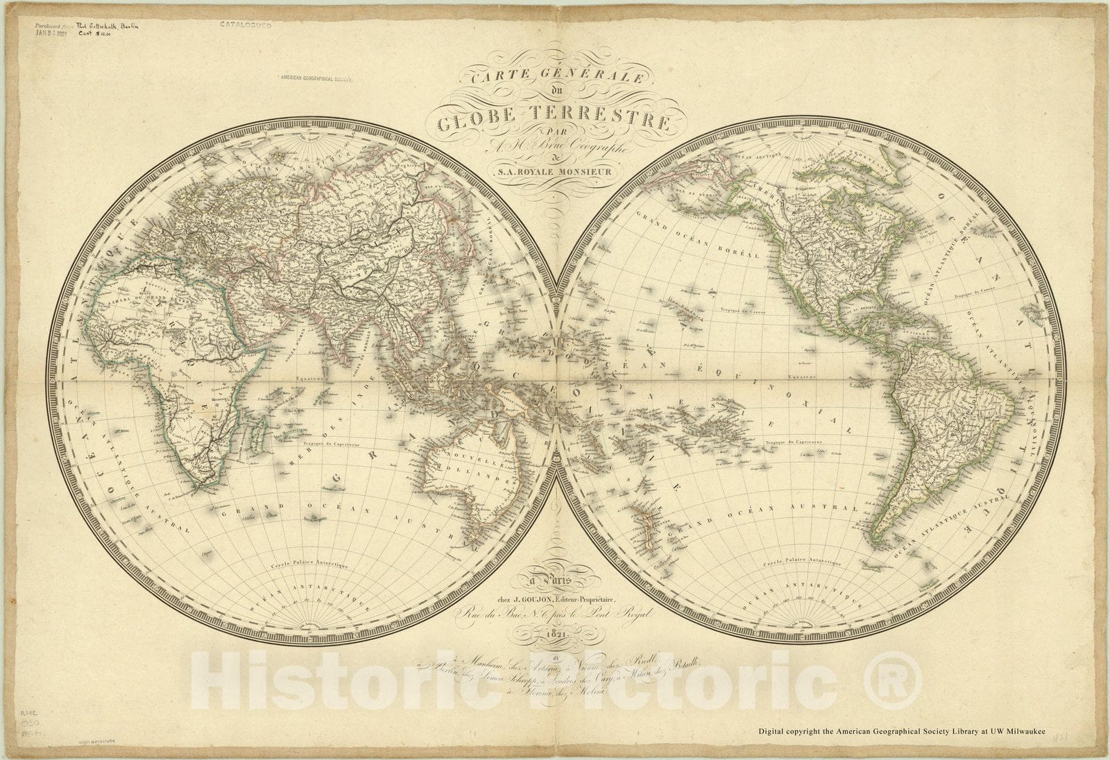 Map : World 1821, Carte generale du globe terrestre , Antique Vintage -  Historic Pictoric