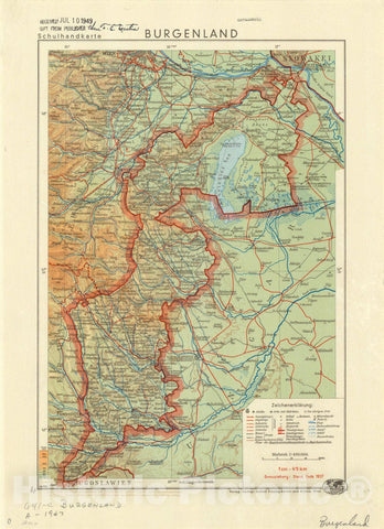 Map : Burgenland, Austria 1947, Schulhandkarte Burgenland , Antique Vintage Reproduction