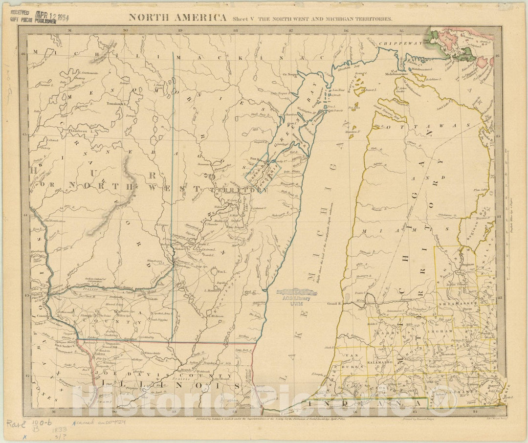 Map : Michigan territory 1833, North America Sheet V : the North West and Michigan Territories , Antique Vintage Reproduction