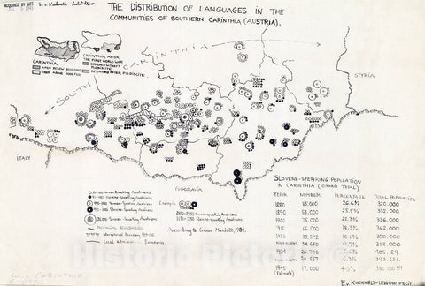 Map : Carinthia, Austria 1945, The Distribution of languages in the communities of Southern Carinthia (Austria) , Antique Vintage Reproduction