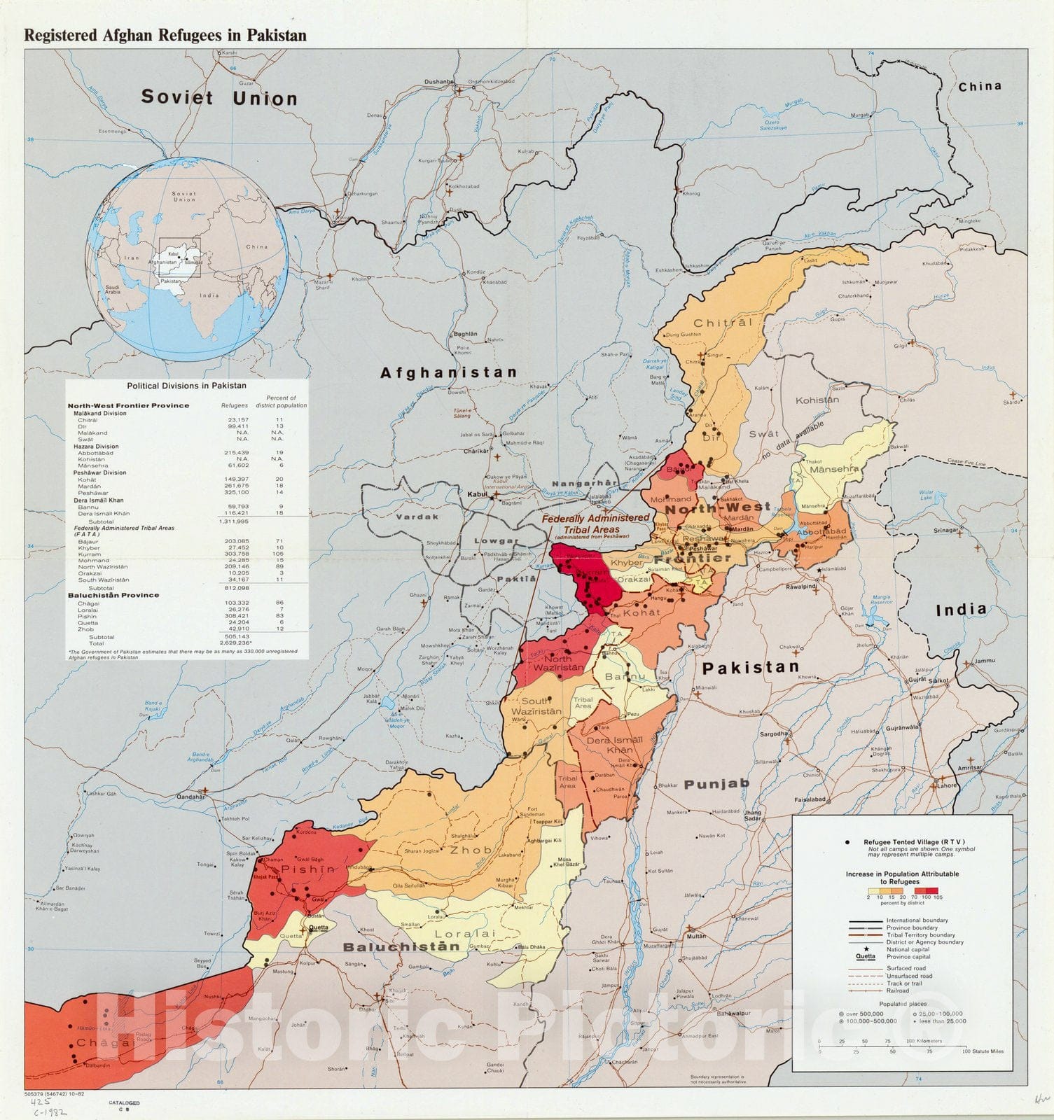 Map : Pakistan 1982, Registered Afghan refugees in Pakistan, Antique Vintage Reproduction