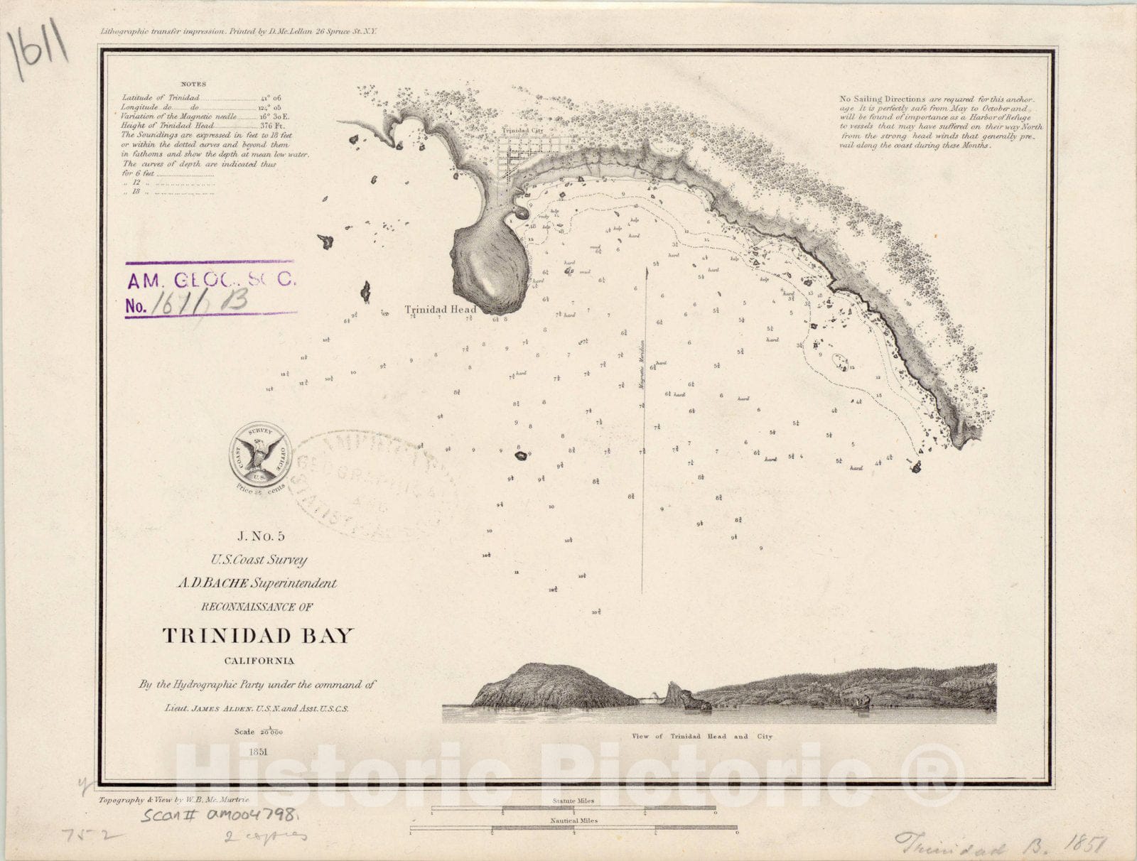 Map : Trinidad Bay, California 1851, J. No. 5 U.S. Coast Survey, A.D. Bache, Superintendent Reconnaissance of Trinidad Bay, California , Antique Vintage Reproduction