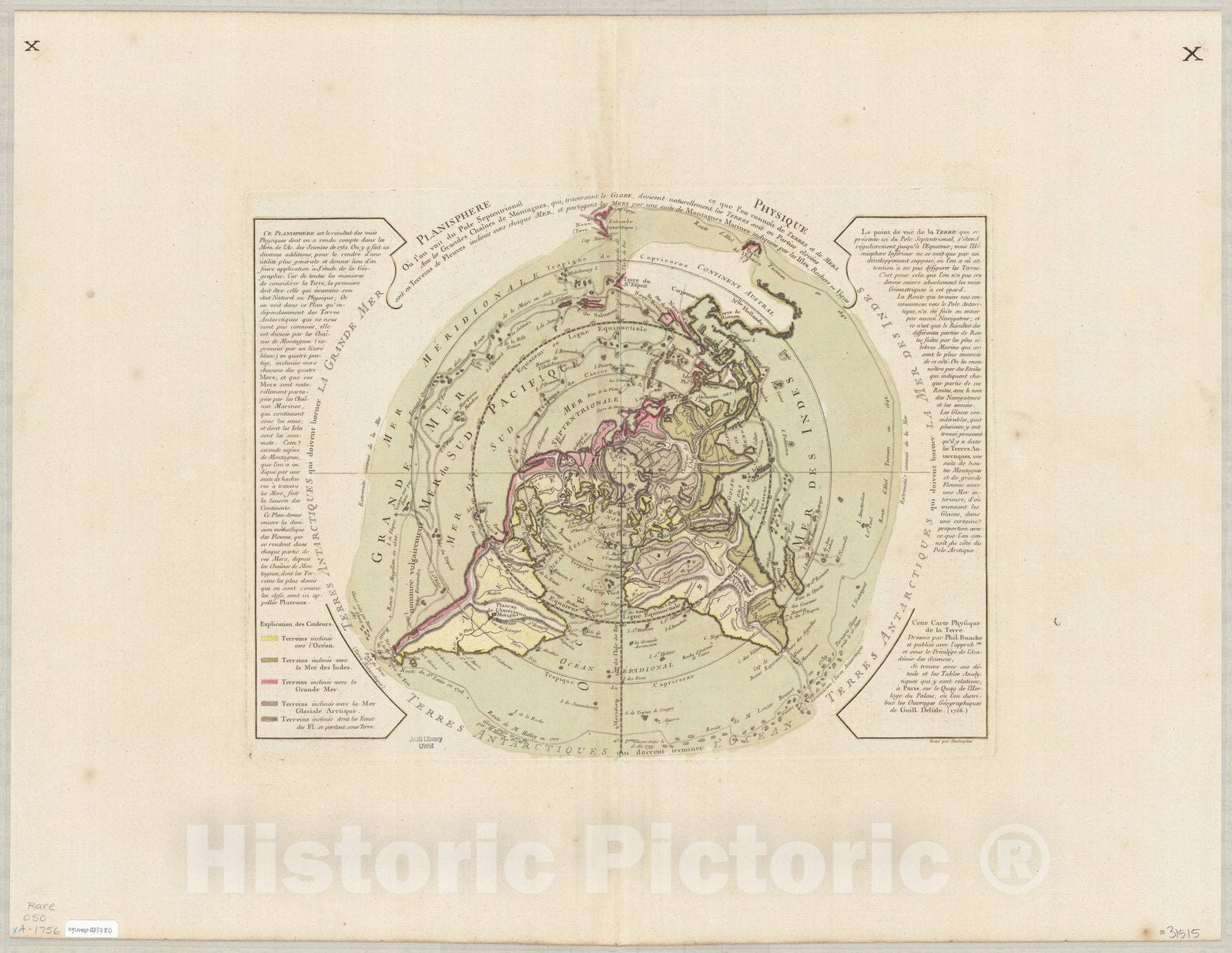 Historic Map : World map 1756, Planisphere physique, ou l'on voit du pole septentrional ce que l'on connoI?t de terres et de mers avec les Grandges Chaines de Montagnes... vigies