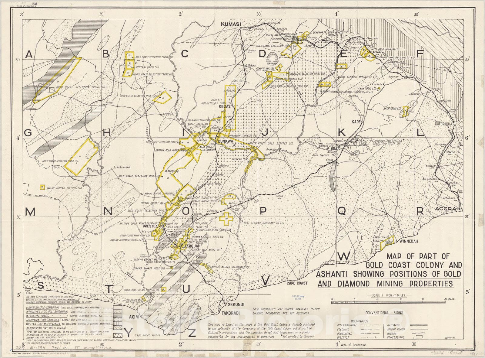 Map : Ashanti region, Ghana 1934, Antique Vintage Reproduction
