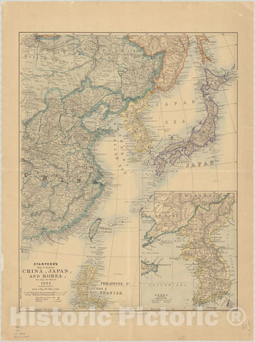 Map : China, Japan and Korea 1894, Stanford's map of eastern China, Japan and Korea : the seat of war in 1894, Antique Vintage Reproduction