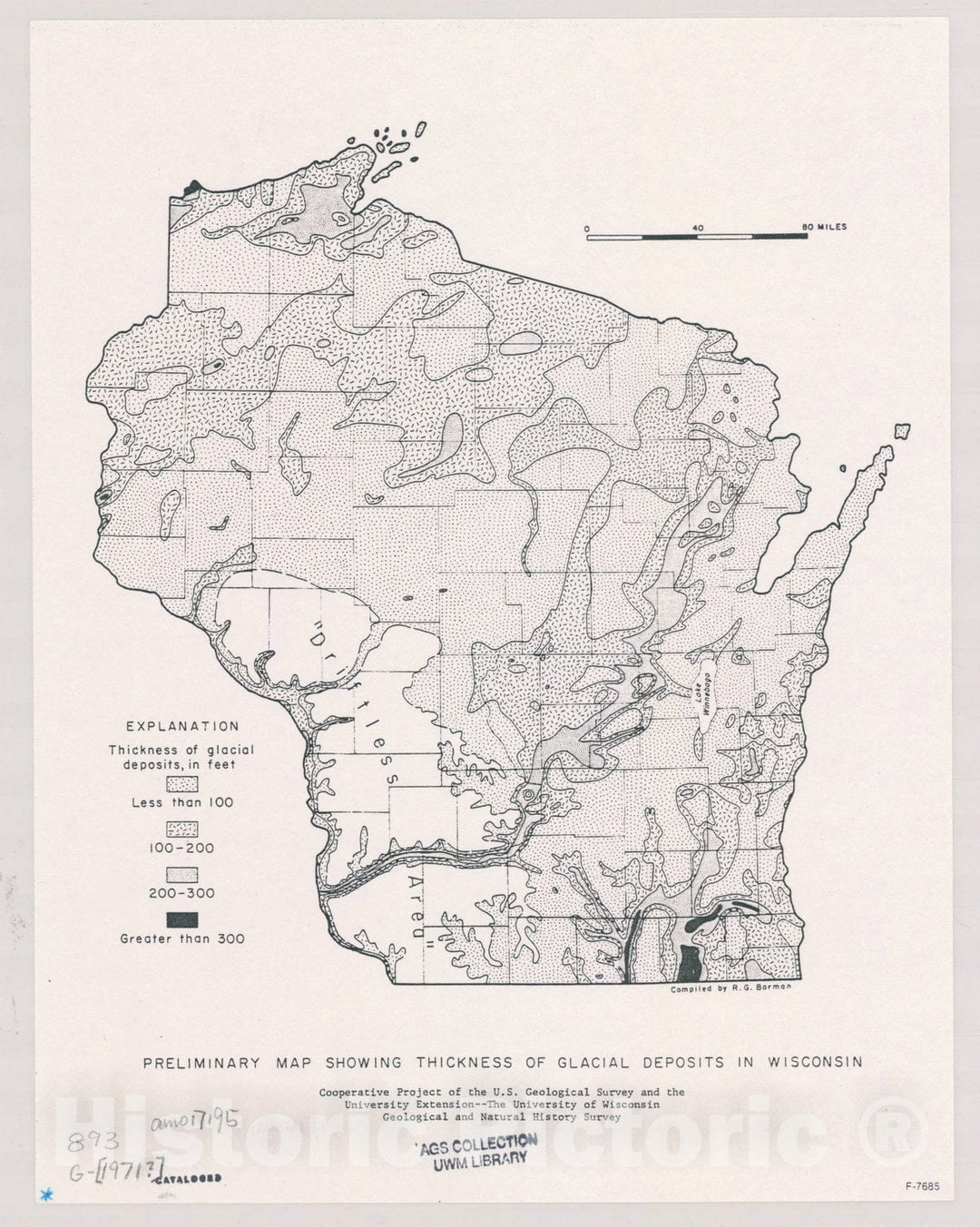 Map : Wisconsin 1971, Preliminary map showing thickness of glacial deposits in Wisconsin , Antique Vintage Reproduction
