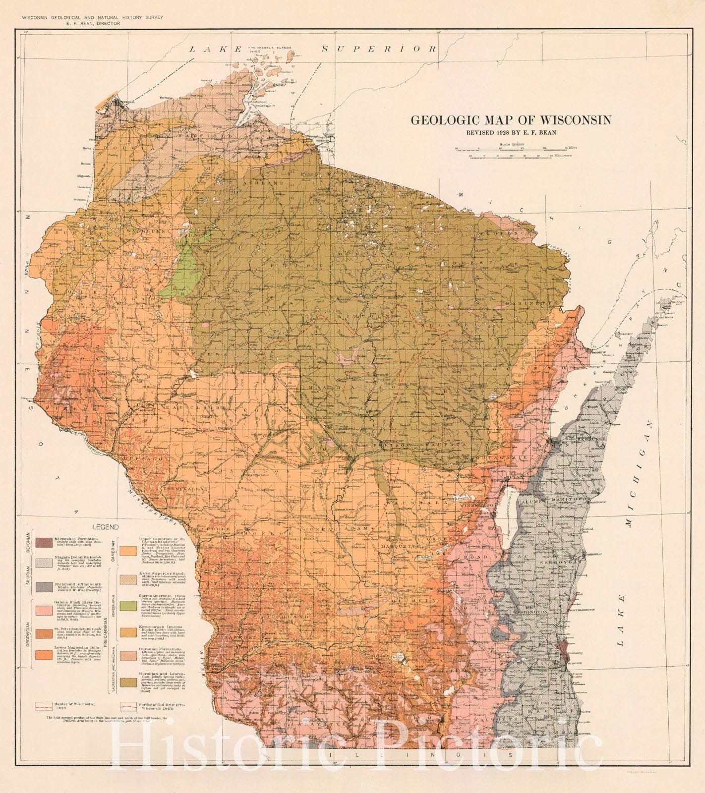 Map : Wisconsin 1928, Geologic map of Wisconsin, Antique Vintage Reproduction