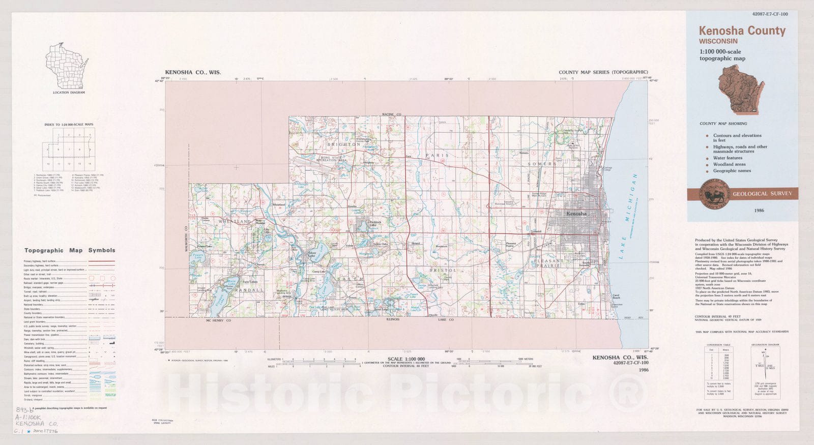 Map : Kenosha County, Wisconsin 1986, County map series (topographic), [Wisconsin] , Antique Vintage Reproduction
