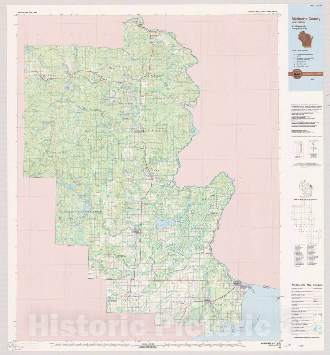 Map : Marinette County, Wisconsin 1986, County map series (topographic), [Wisconsin] , Antique Vintage Reproduction