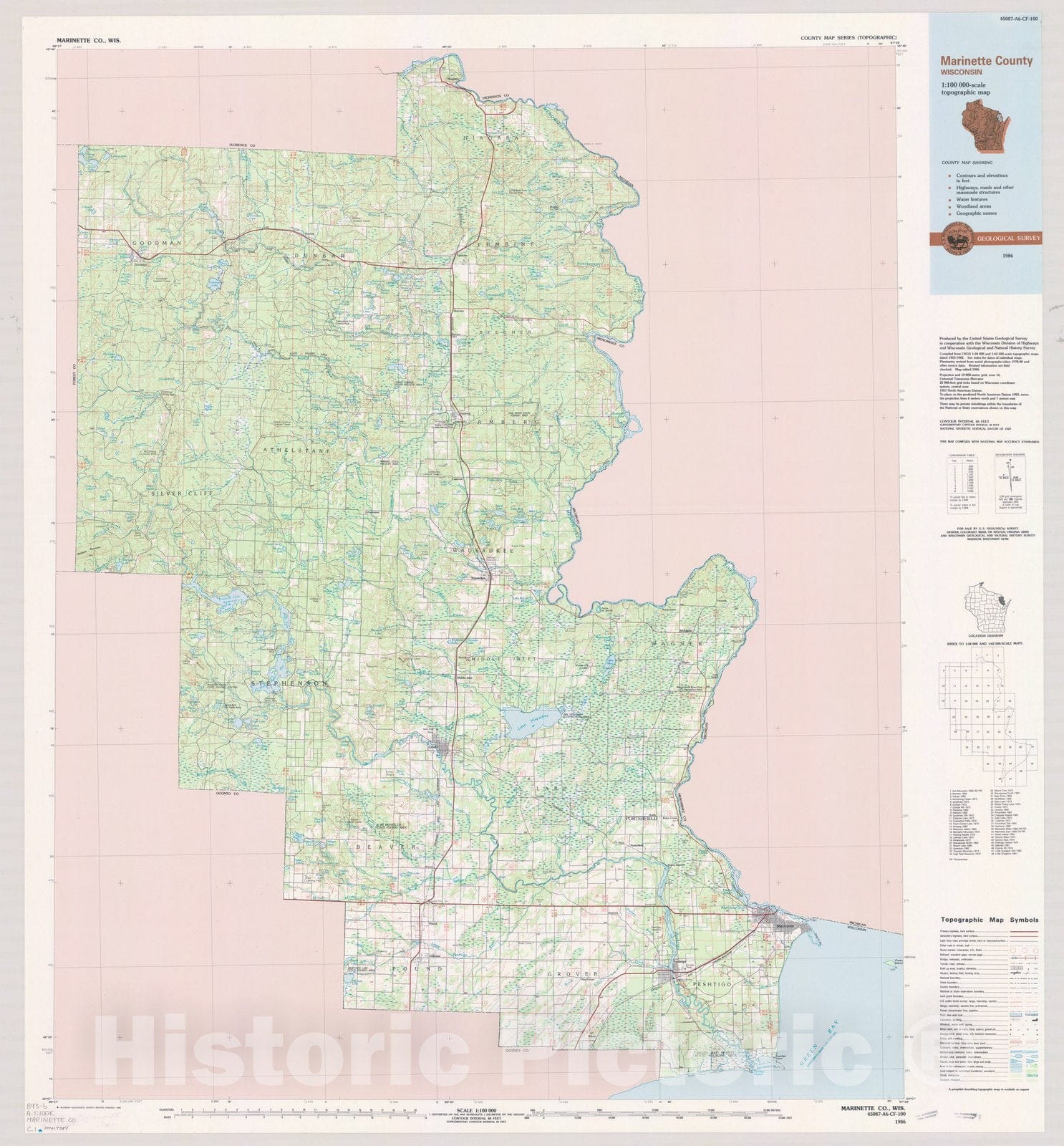 Map : Marinette County, Wisconsin 1986, County map series (topographic), [Wisconsin] , Antique Vintage Reproduction