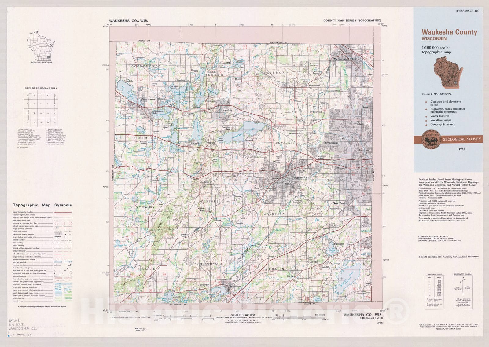 Map : Waukesha County, Wisconsin 1986, County map series (topographic), [Wisconsin] , Antique Vintage Reproduction