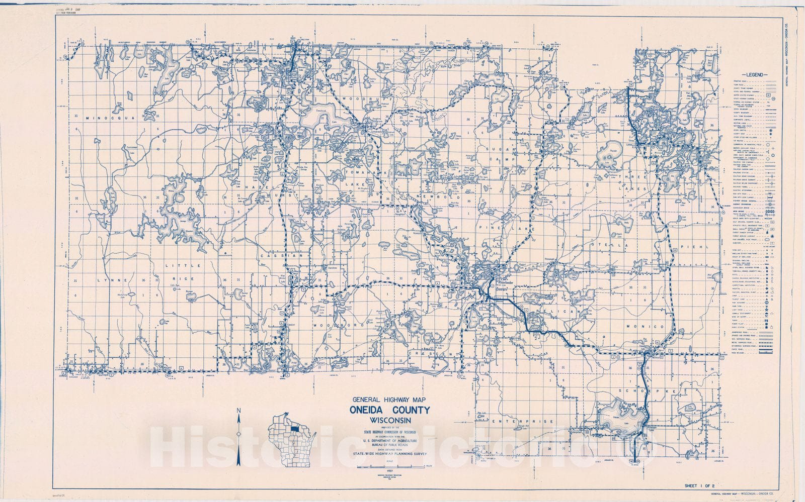 Map : Oneida County, Wisconsin 1937 2, General highway map ... County, Wisconsin , Antique Vintage Reproduction