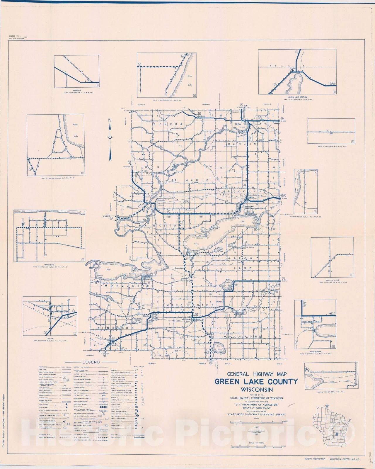 Map : Green Lake County, Wisconsin 1937, General highway map ... County, Wisconsin , Antique Vintage Reproduction
