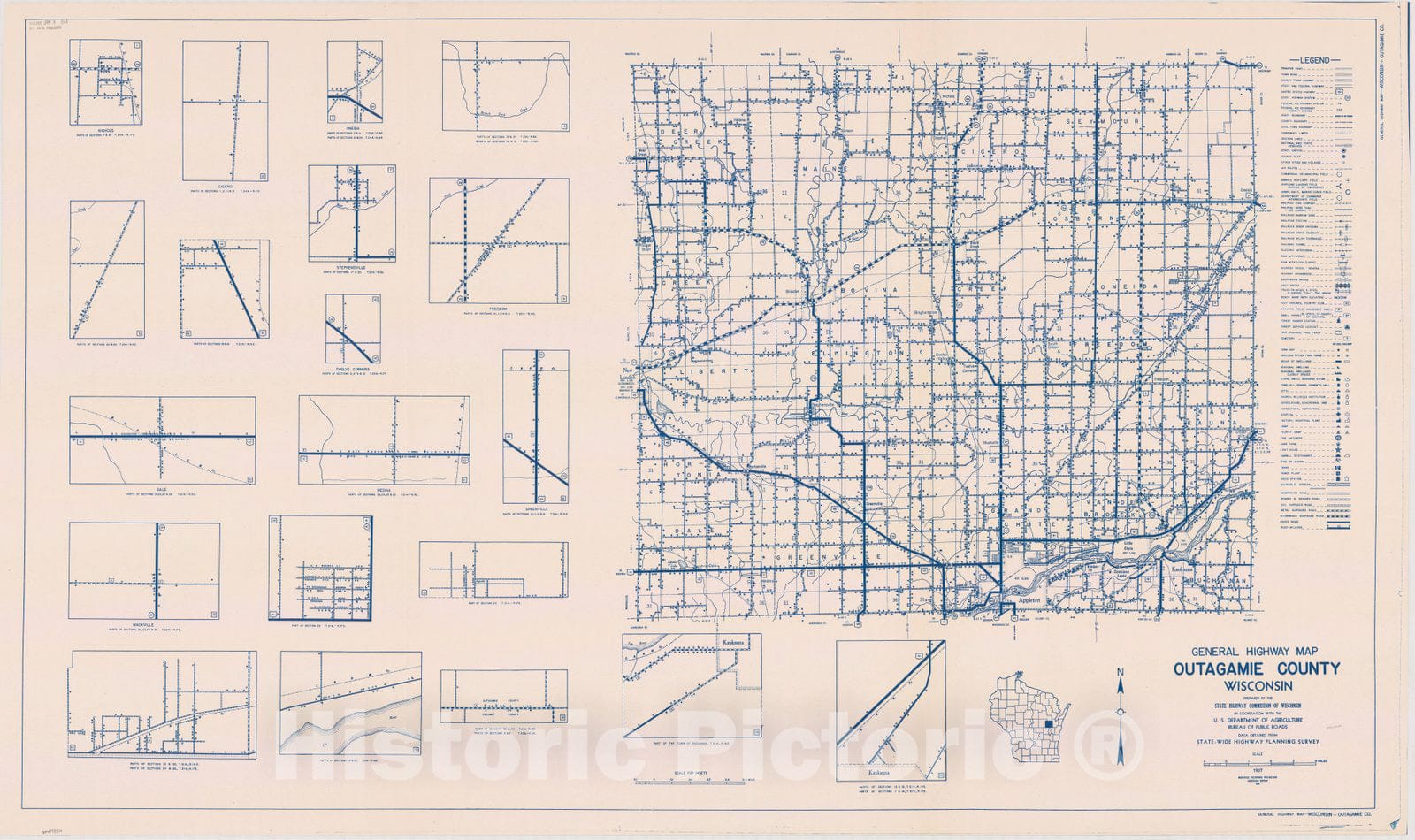 Map : Outagamie County, Wisconsin 1937, General highway map ... County, Wisconsin , Antique Vintage Reproduction