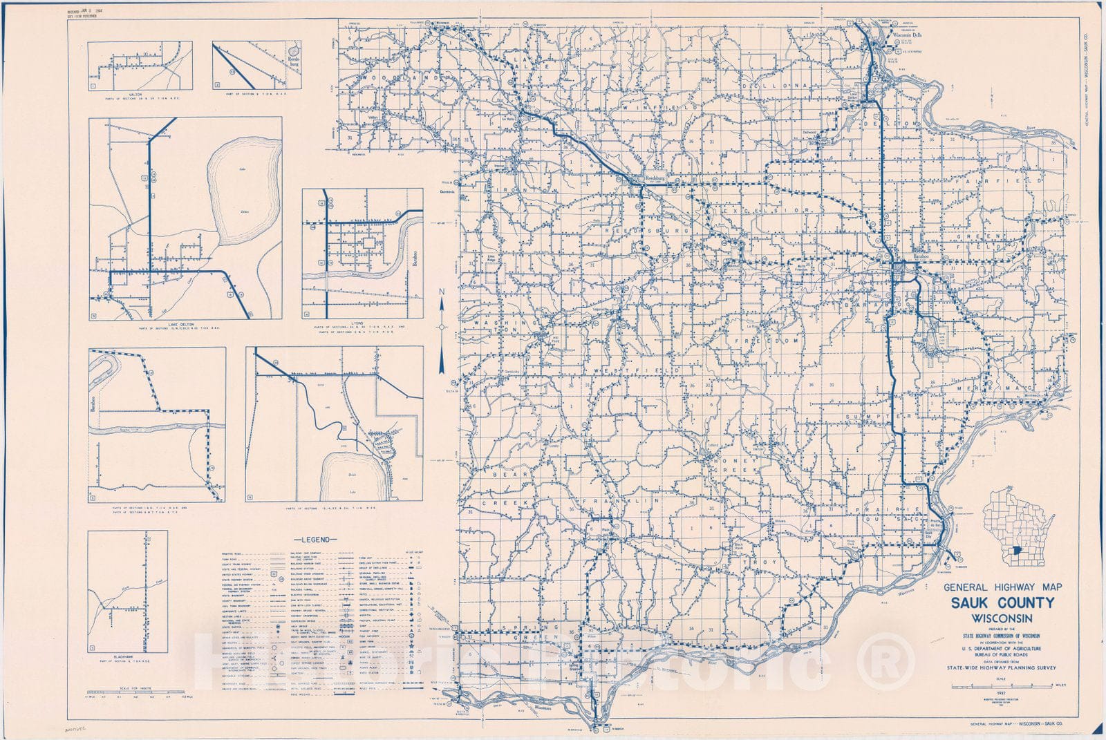 Map : Sauk County, Wisconsin 1937, General highway map ... County, Wisconsin , Antique Vintage Reproduction