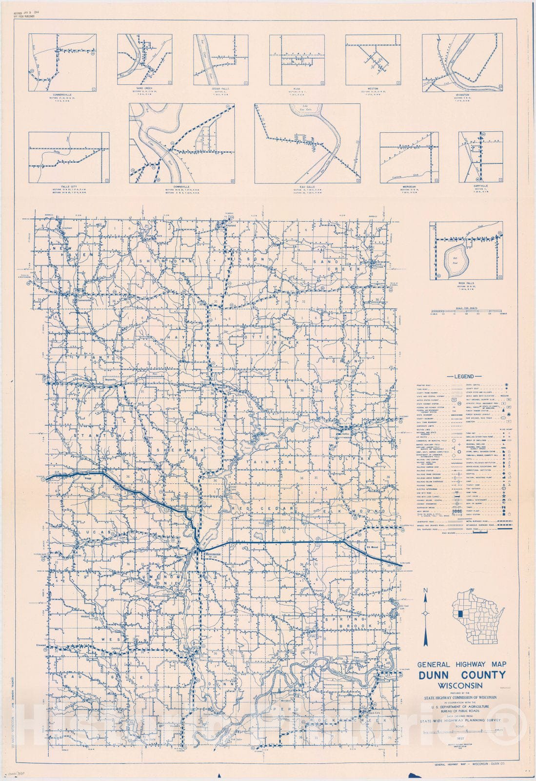 Map : Dunn County, Wisconsin 1937, General highway map ... County, Wisconsin , Antique Vintage Reproduction