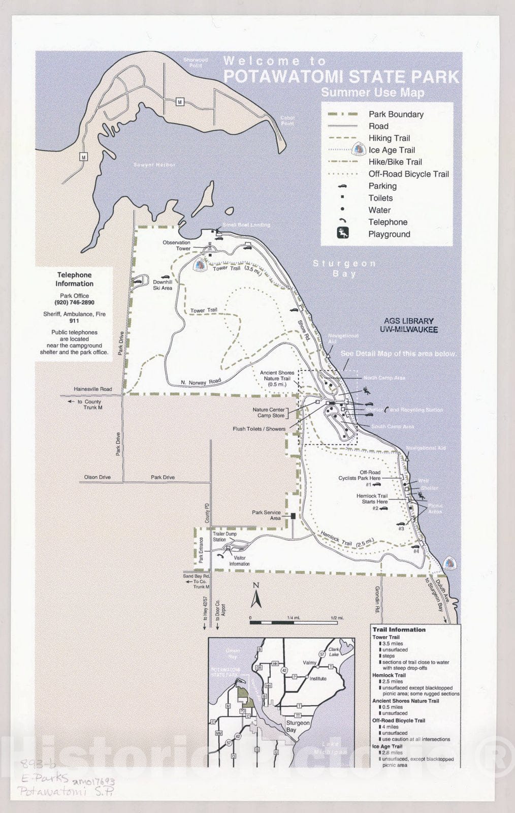 Map : Welcome to Potawatomi State Park, summer use map, Wisconsin , [Wisconsin state parks , forests, recreation areas & trails maps], Antique Vintage Reproduction