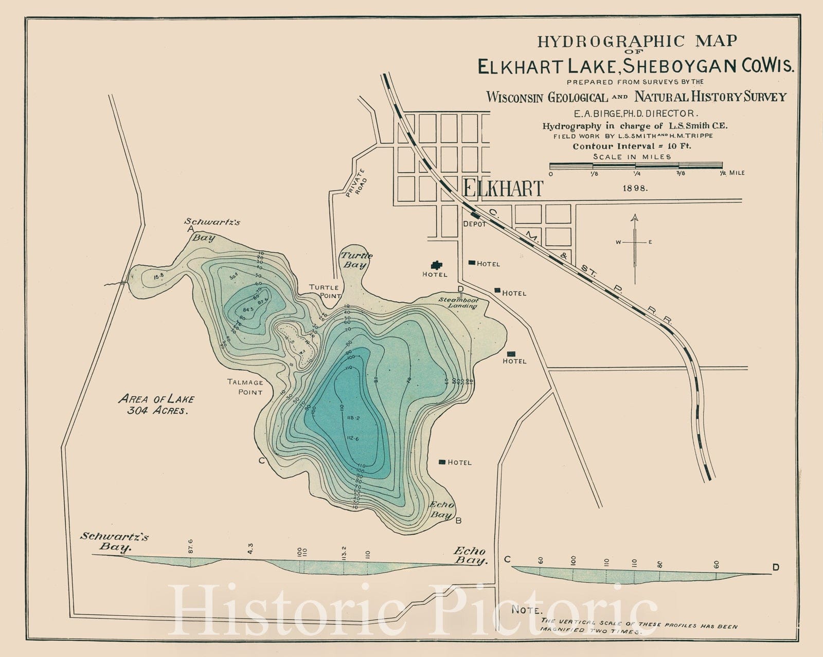 Map : Elkhart Lake, Sheboygan County, Wisconsin 1898, Hydrographic map of Elkhart Lake, Sheboygan Co., Wis. , Antique Vintage Reproduction