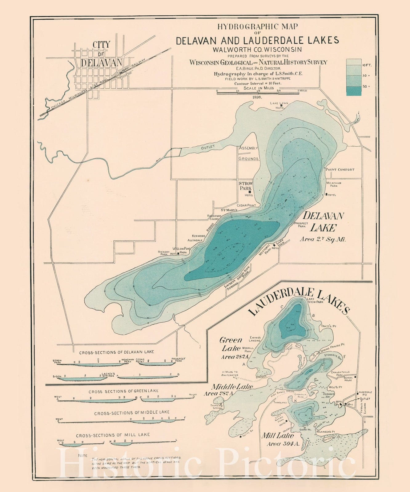 Historic Map : Delavan and Lauderdale Lakes, Walworth County, Wisconisn 1899, Hydrographic map of Delavan and Lauderdale lakes. Walworth Co., Wisconsin , Antique Vintage Reproduction