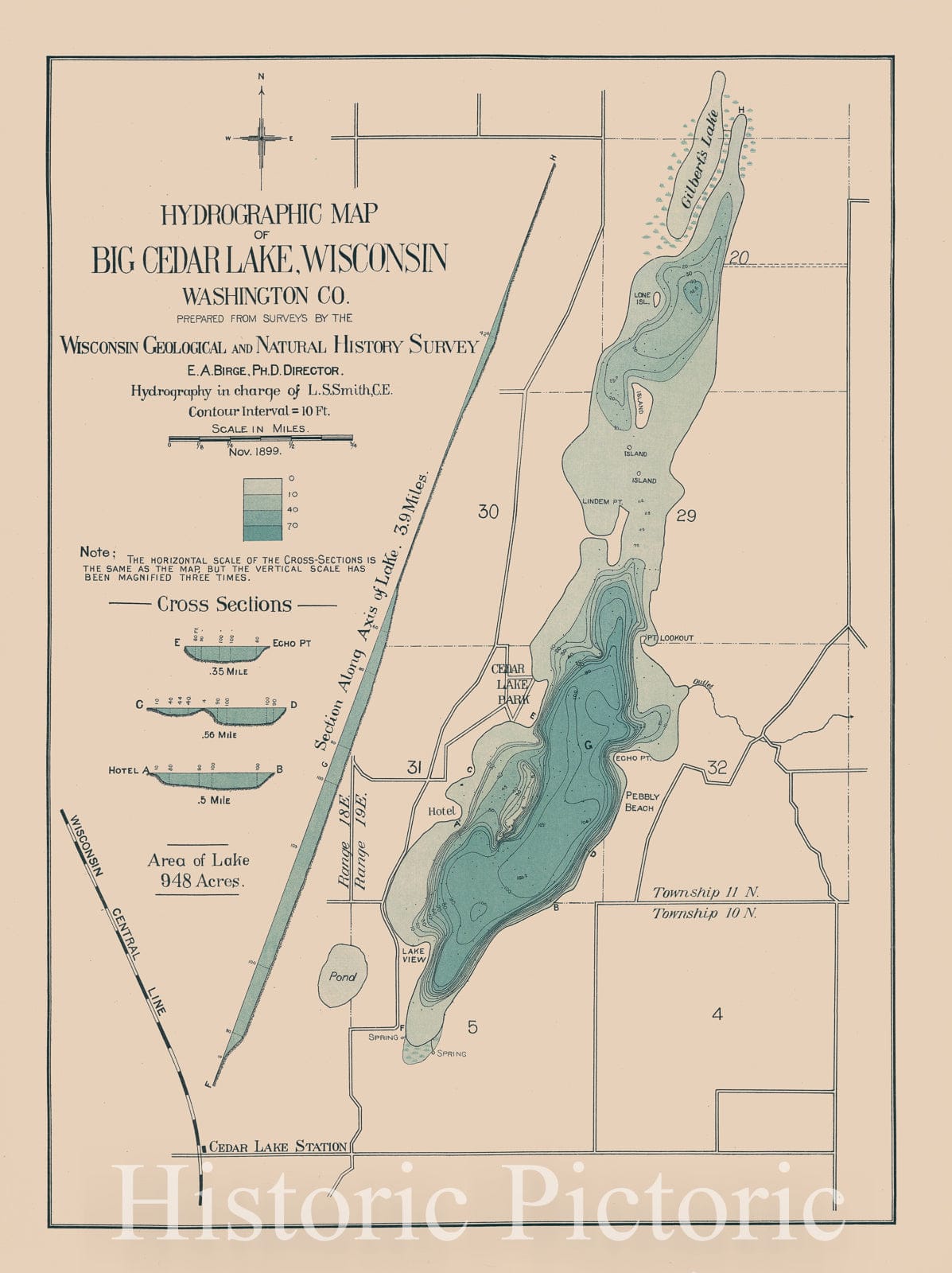 Map : Big Cedar Lake, Washington County, Wisconsin 1899, Hydrographic map of Big Cedar Lake, Washington County, Wis. , Antique Vintage Reproduction